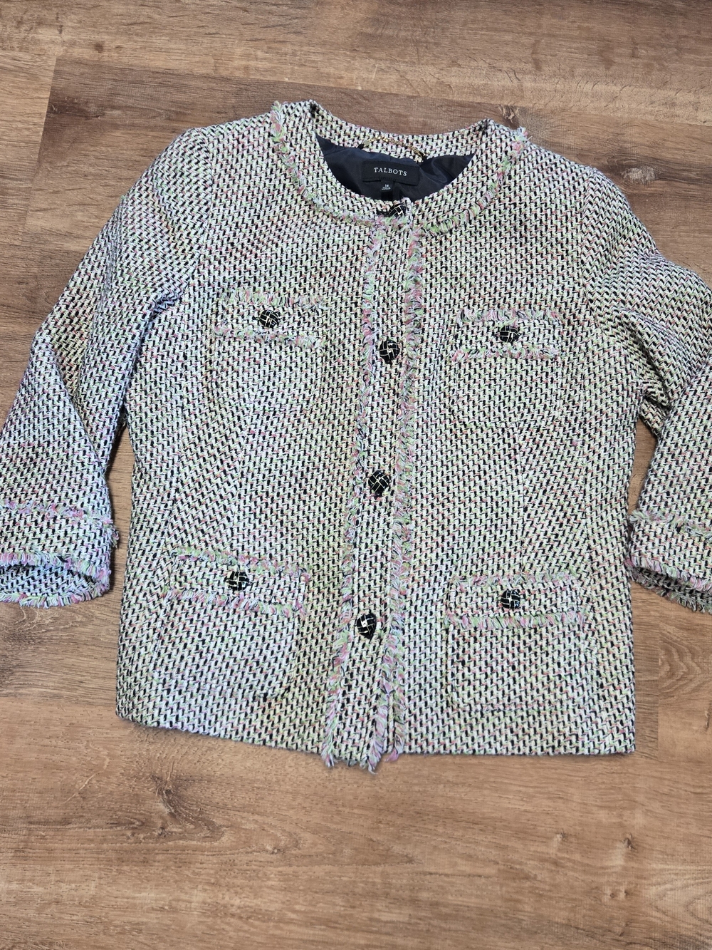 Talbots Tweed Blazer in White, Black, Pink & Green Size 14 Cotton Blend
